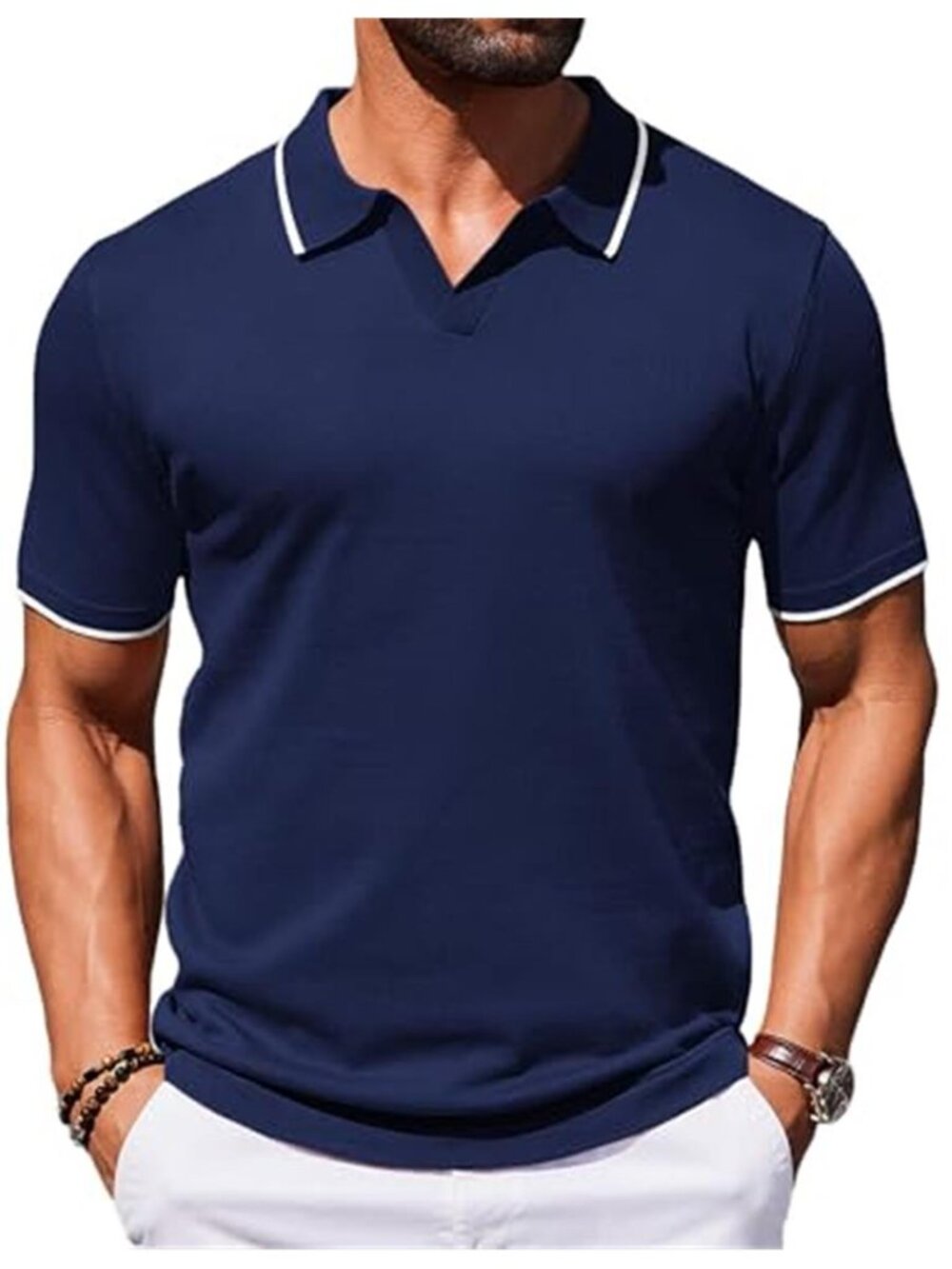 Mens Knit Polo Shirt Short Sleeve Textured Golf Casual Contrast Collar Top